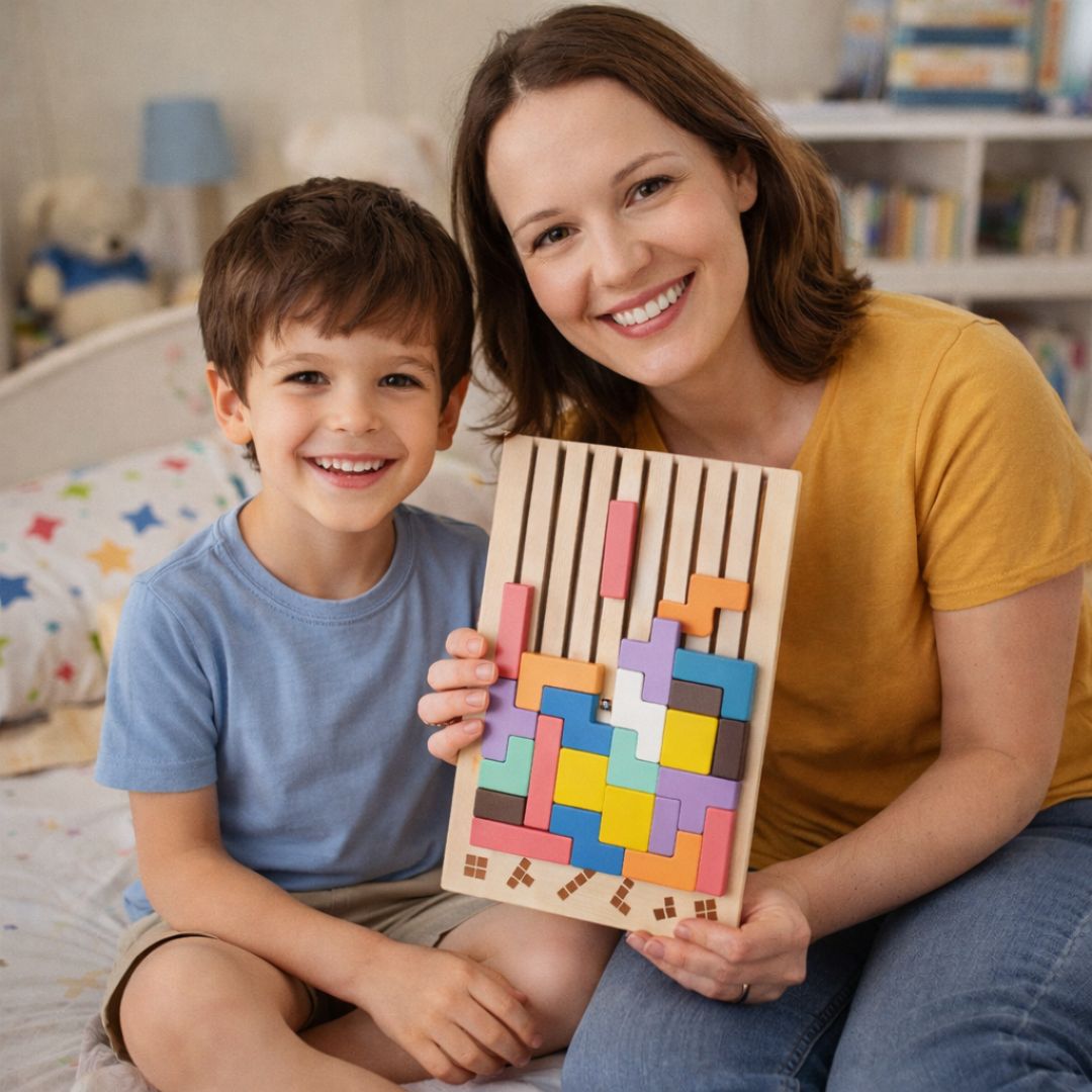 Montessori OkosÉpítő - Fa Kirakójáték 10db Kártyával